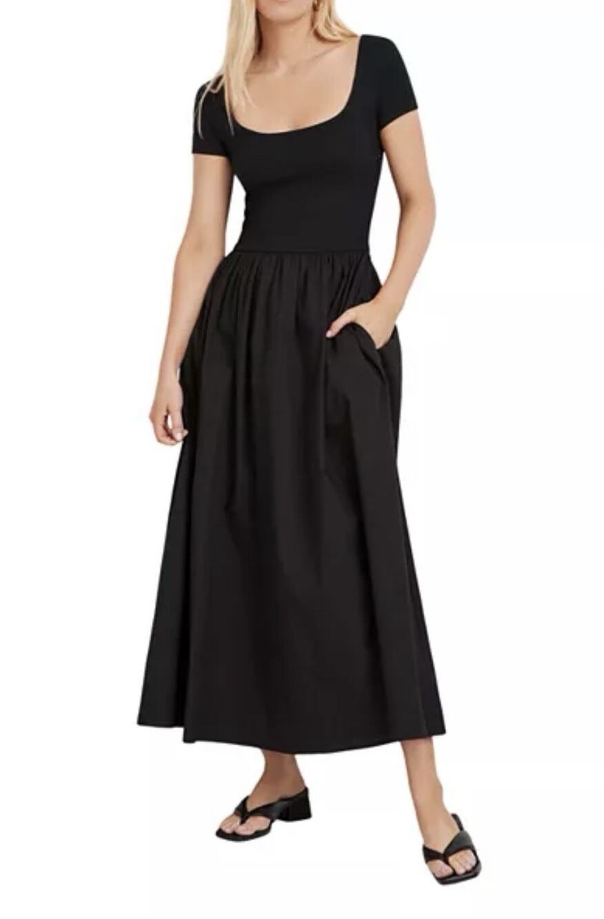 Marcella NYC Sierra Maxi Dress Black Gathered Skirt Pockets Size Large Petite
